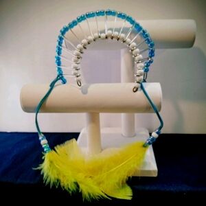 Native American Blue White Yellow Feather Bead Wall Hanging Safety Pin Headdress